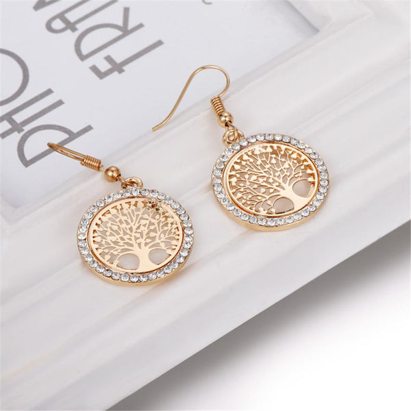 "Tree Of Life" - Gold Earrings w/ Rhinestones (FREE SHIPPING)